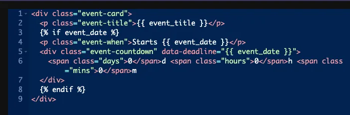 Widget HTML printing the event_date token inside an if block and a data-deadline attribute