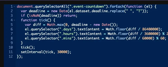 JS panel countdown script that reads the data-deadline value and skips empty dates