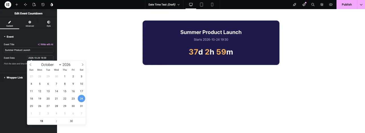 Event Countdown widget in Elementor with the Event Date calendar open and the live countdown in the preview