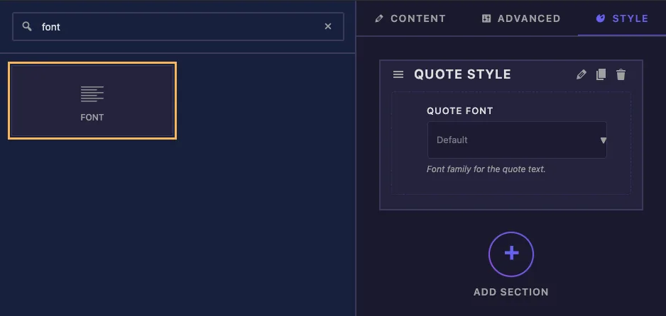 Font field found by searching font in the Widget Builder and added to the Quote Style section
