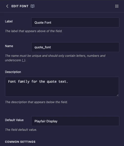 Font field options with Label, Name, Description and a Default Value of Playfair Display