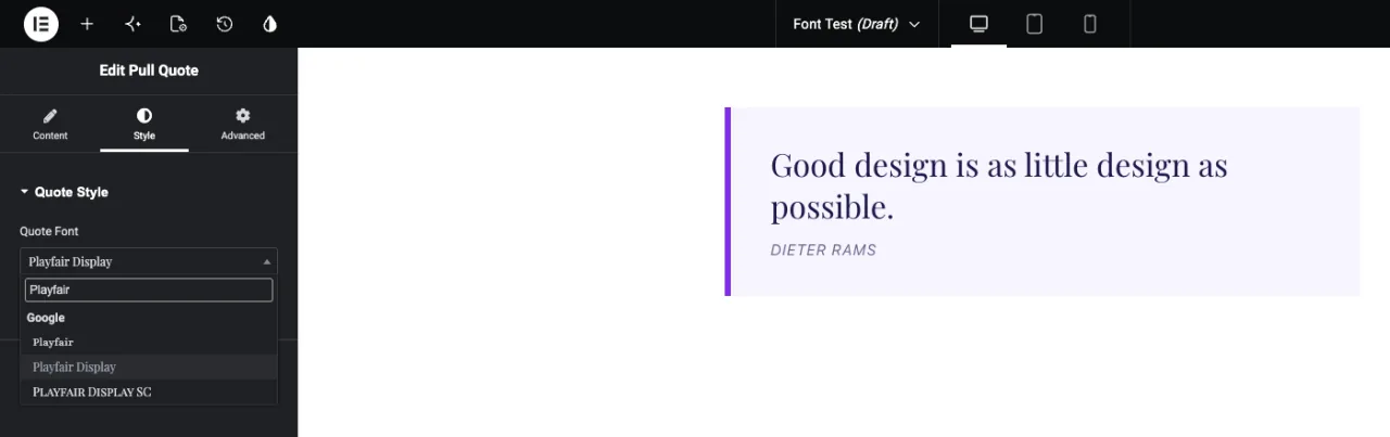 Quote Font dropdown in the Elementor Style tab searching Playfair in the Google fonts group