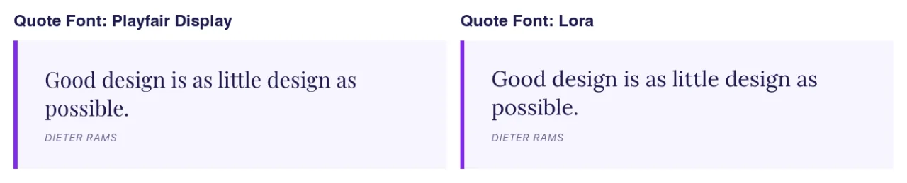 Pull quote widget on the front end shown with Playfair Display and with Lora picked in the Font field