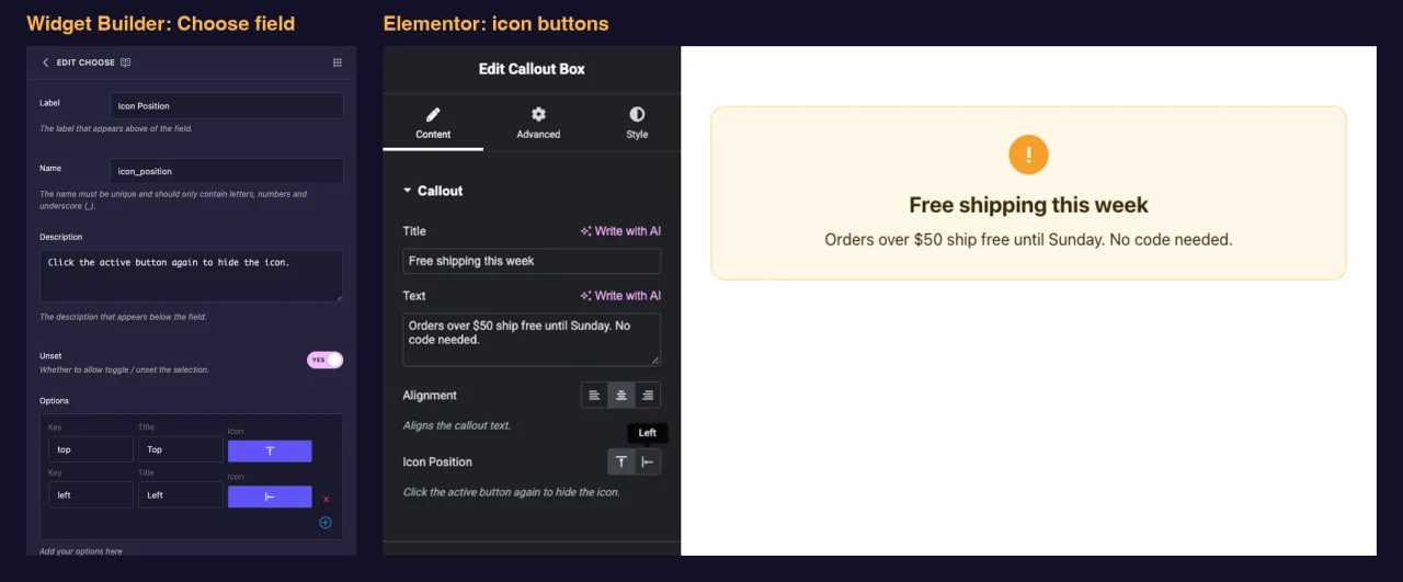 Choose field settings in the Master Addons Widget Builder next to the Elementor icon buttons for a callout box widget