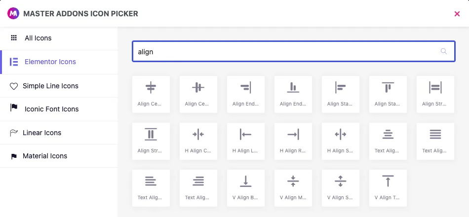 Master Addons icon picker filtered to Elementor Icons with align icons for a Choose option