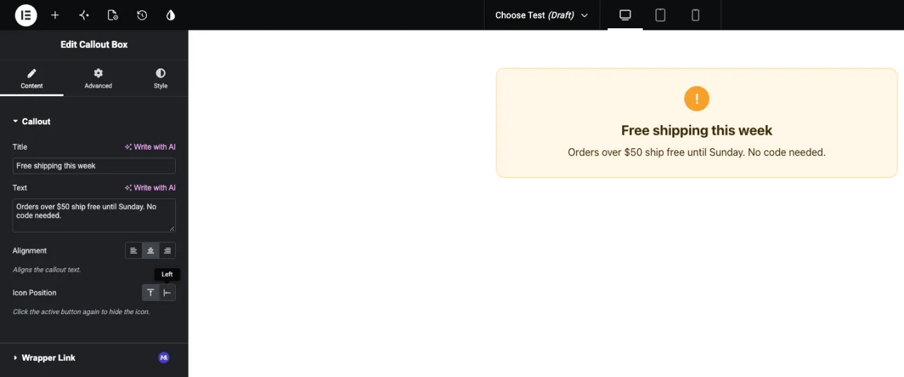 Callout Box widget in Elementor with Alignment and Icon Position icon buttons and a Left tooltip