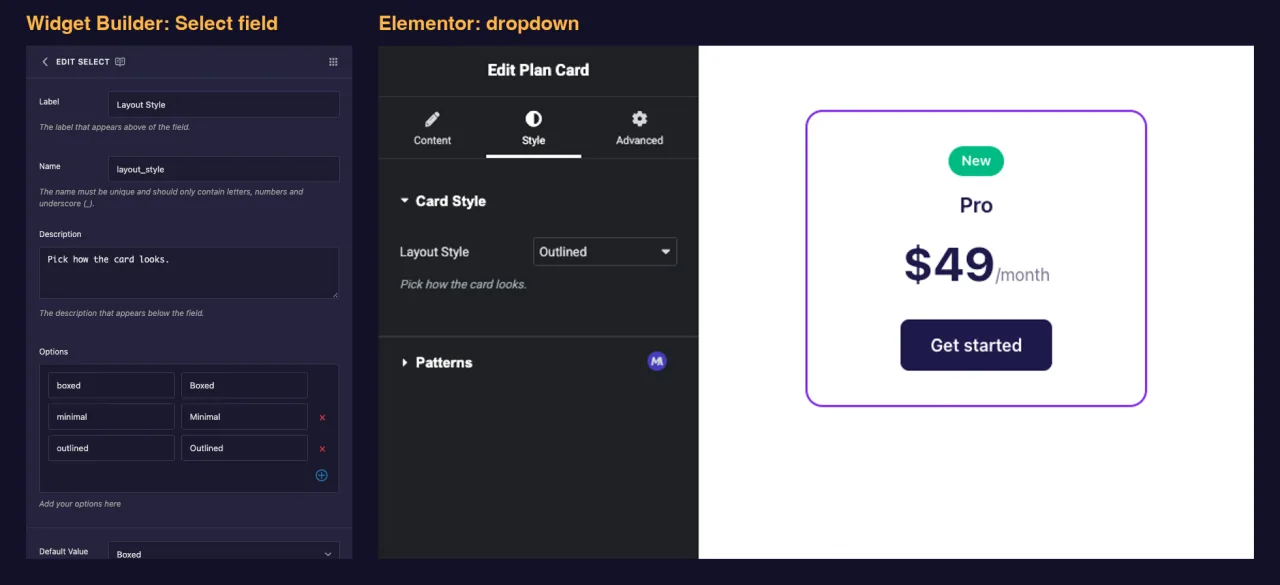 Select field settings in the Master Addons Widget Builder next to the Layout Style dropdown in Elementor for a plan card widget
