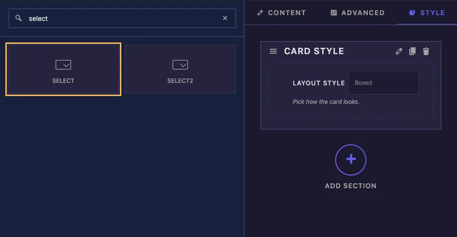 Select field found by searching select in the Widget Builder, shown next to Select2, with a Layout Style field in the Card Style section
