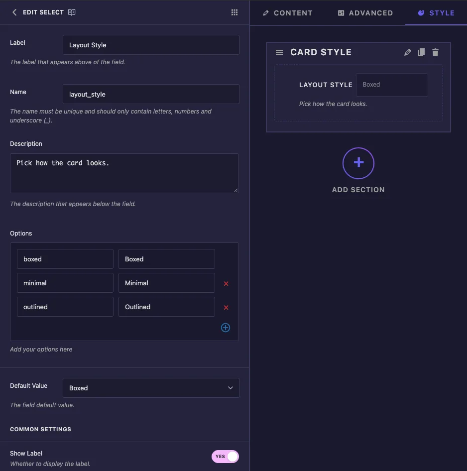 Select field options with Label, Name, Description, key and label rows for boxed, minimal and outlined, and Default Value