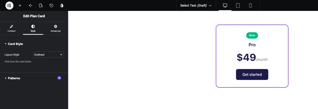 Plan Card widget in the Elementor Style tab with Layout Style set to Outlined