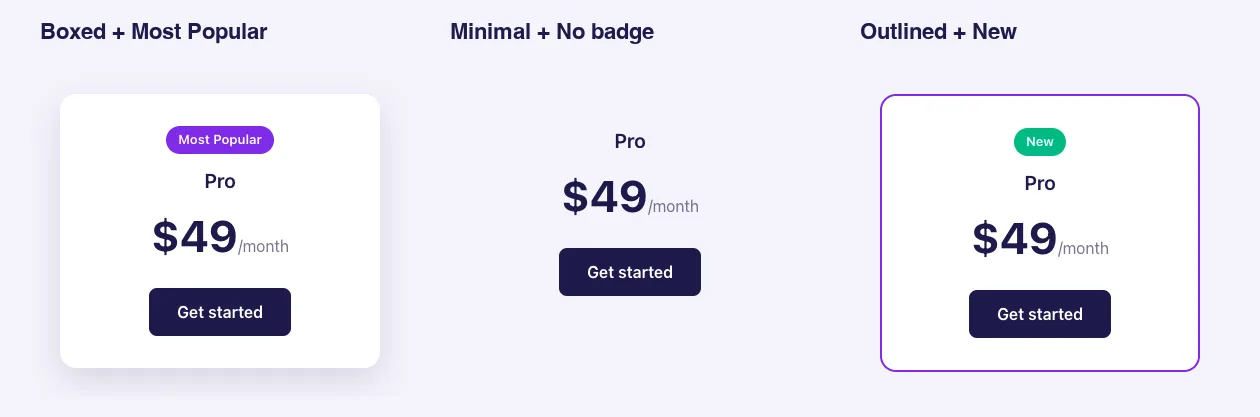 Plan card on the front end in Boxed, Minimal and Outlined styles with different badges