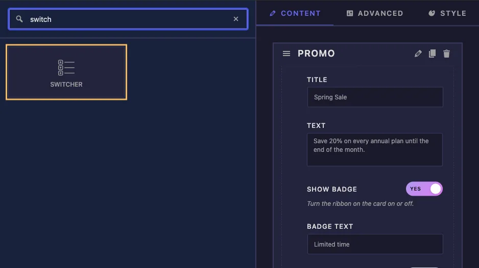 Switcher field found by searching switch in the Widget Builder with Show Badge and Compact Mode fields in the Promo section