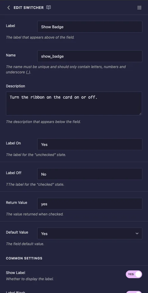 Switcher field options with Label, Name, Description, Label On, Label Off, Return Value and a Default Value dropdown