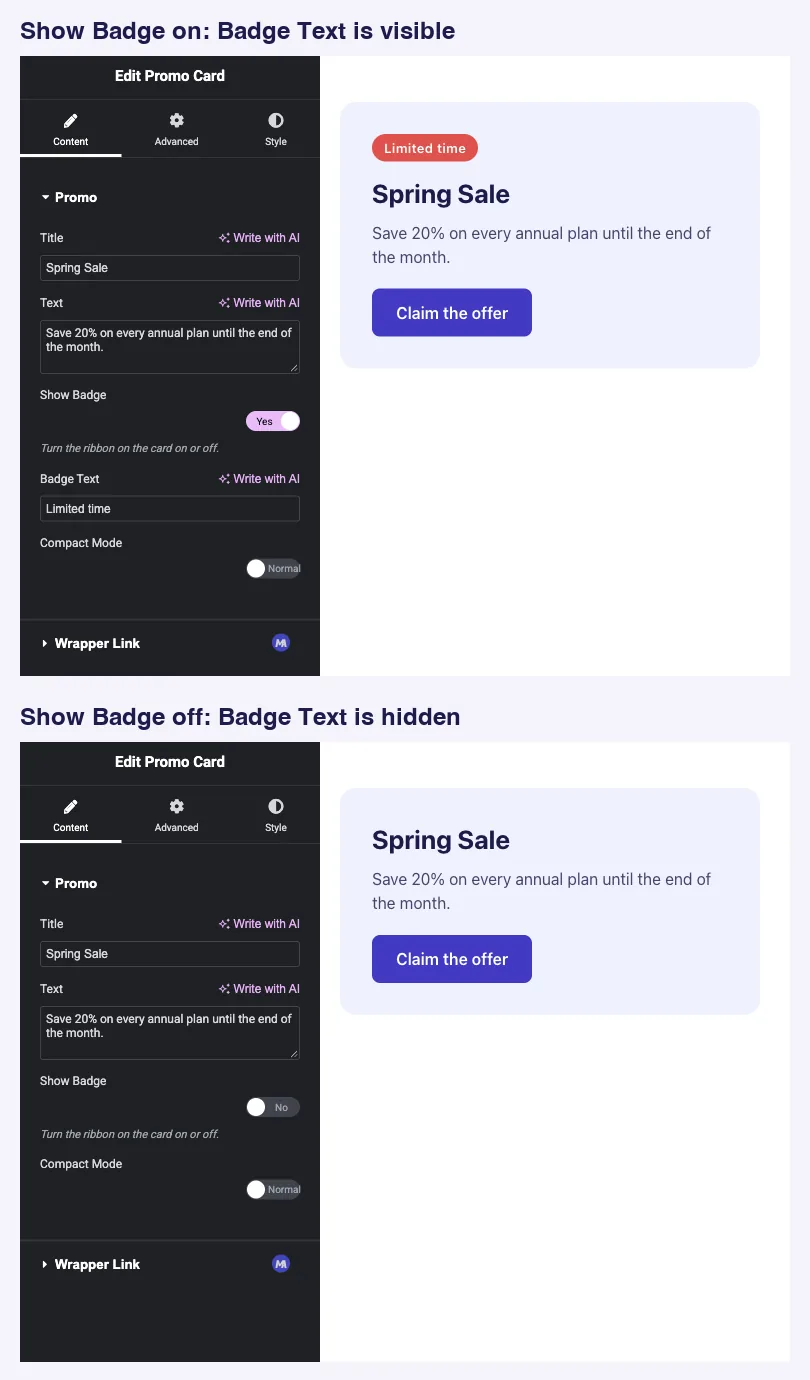 Elementor panel with Show Badge on and off, showing the Badge Text field and the badge appearing and disappearing