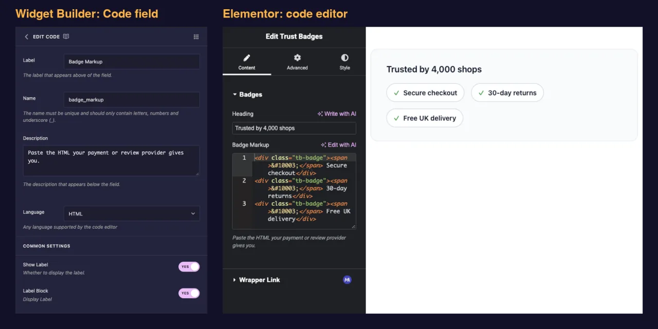 Code field settings in the Master Addons Widget Builder next to the code editor in Elementor for a trust badge widget