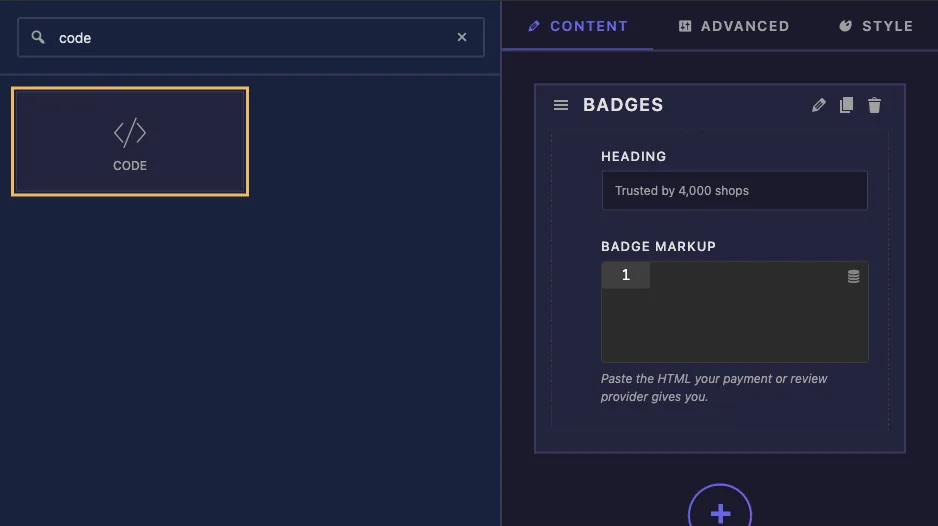 Code field found by searching code in the Widget Builder with a Badge Markup field in the Badges section