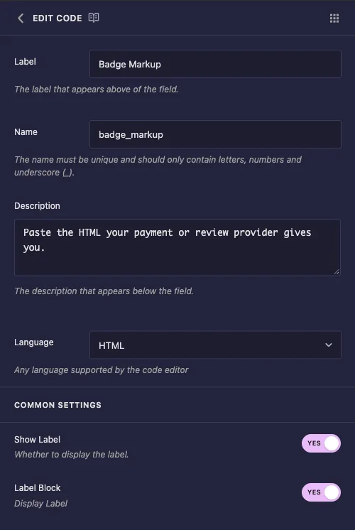 Code field options with Label, Name, Description and a Language dropdown set to HTML