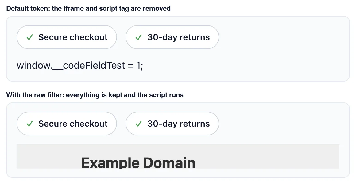 Comparison of the default token, which removes the iframe and script tag, and the raw filter, which keeps them