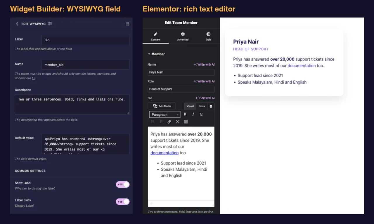 WYSIWYG field settings in the Master Addons Widget Builder next to the rich text editor in Elementor for a team member widget