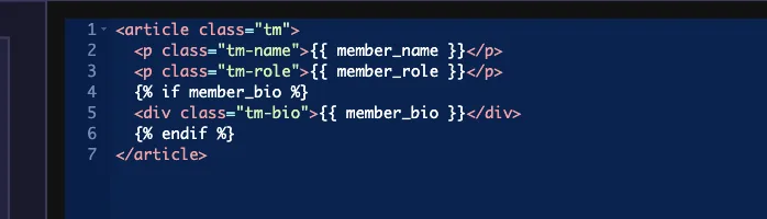 Widget HTML printing the member_bio token inside an if block