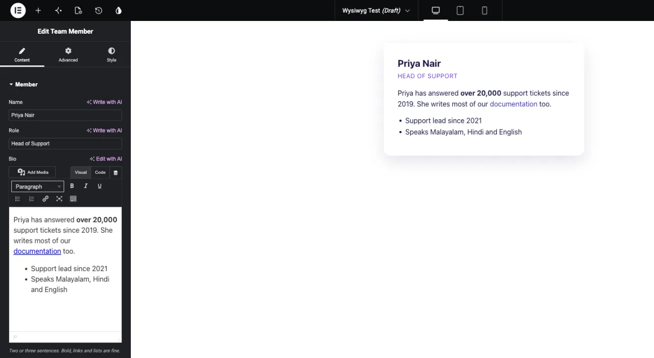 Elementor panel with the rich text editor showing a formatted bio and the rendered card in the preview