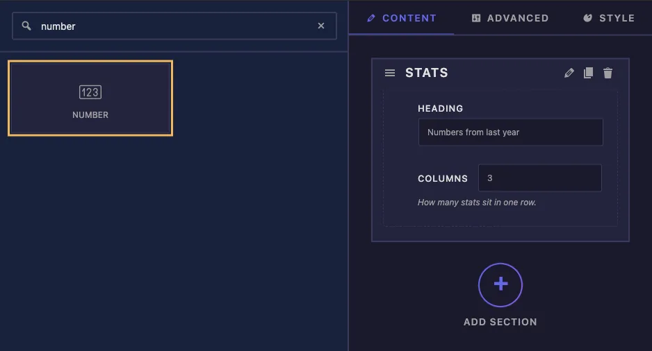 Number field found by searching number in the Widget Builder with a Columns field in the Stats section