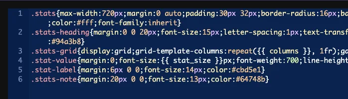Widget CSS using the columns token in a grid repeat and the stat_size token with px outside the braces