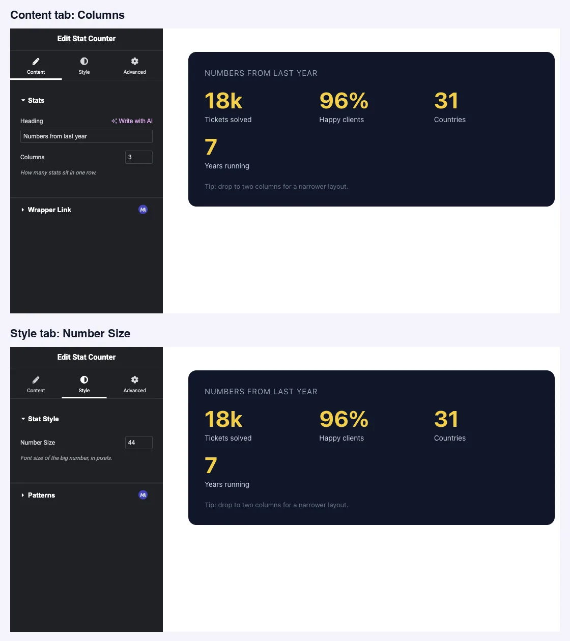 Elementor Content tab with the Columns input and Style tab with the Number Size input