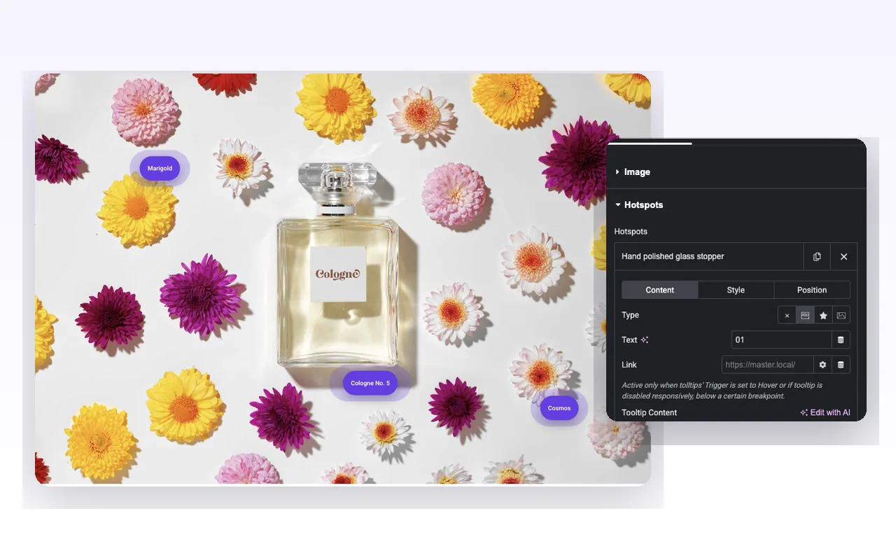 Master Addons Image Hotspot text label markers on a perfume photo, beside the Elementor Content tab with the Type, Text, Link and Tooltip Content controls