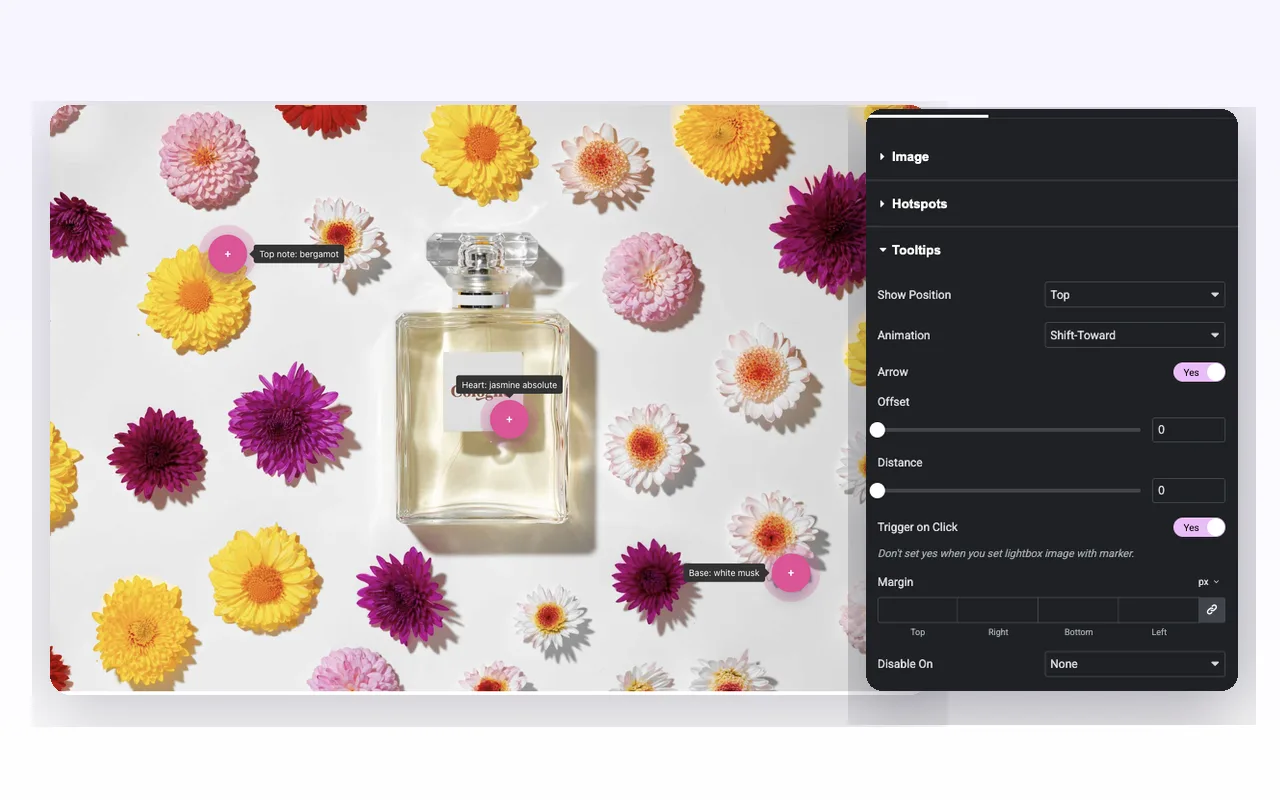 Image hotspot tooltips open on a product photo, beside the Tooltips section with Show Position, Animation, Arrow, Offset, Distance, Trigger on Click and Disable On
