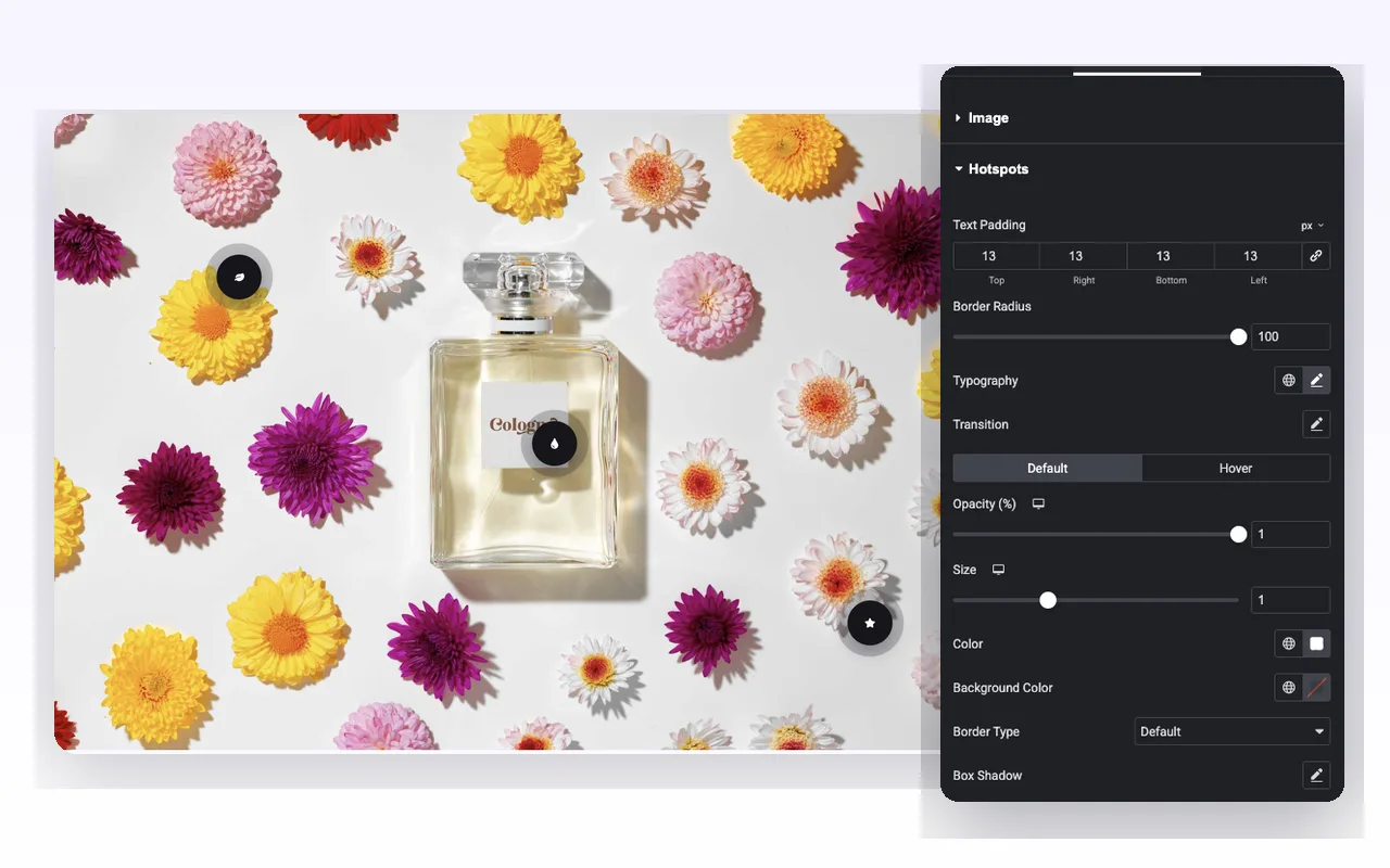 Icon hotspot markers on a product photo, beside the Style tab with Text Padding, Border Radius and the Default and Hover tabs for opacity, size and colour