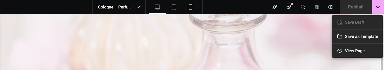 Elementor save options menu open showing Save Draft, Save as Template and View Page