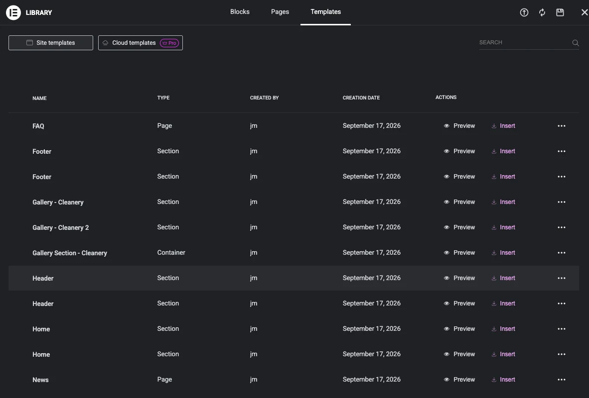 Templates tab of the Elementor library listing saved site templates with Preview and Insert actions