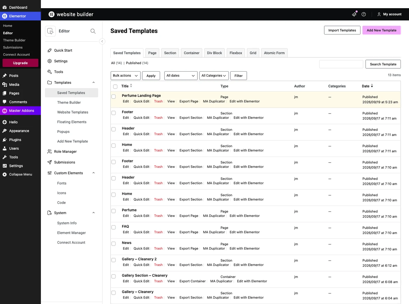 Saved Templates screen in the WordPress dashboard with row actions showing Export Page and Export Section links