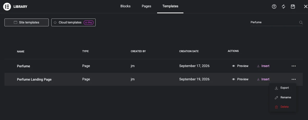 Three-dot menu on a saved Elementor template showing Export, Rename and Delete