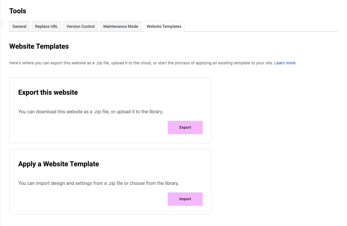 Elementor Tools Website Templates tab with Export this website and Apply a Website Template panels