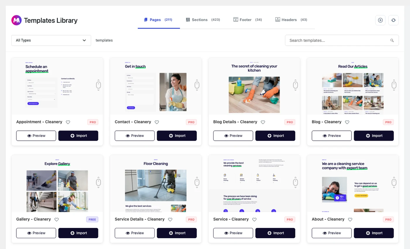 Master Addons Templates Library in the WordPress dashboard showing page templates with Preview and Import buttons