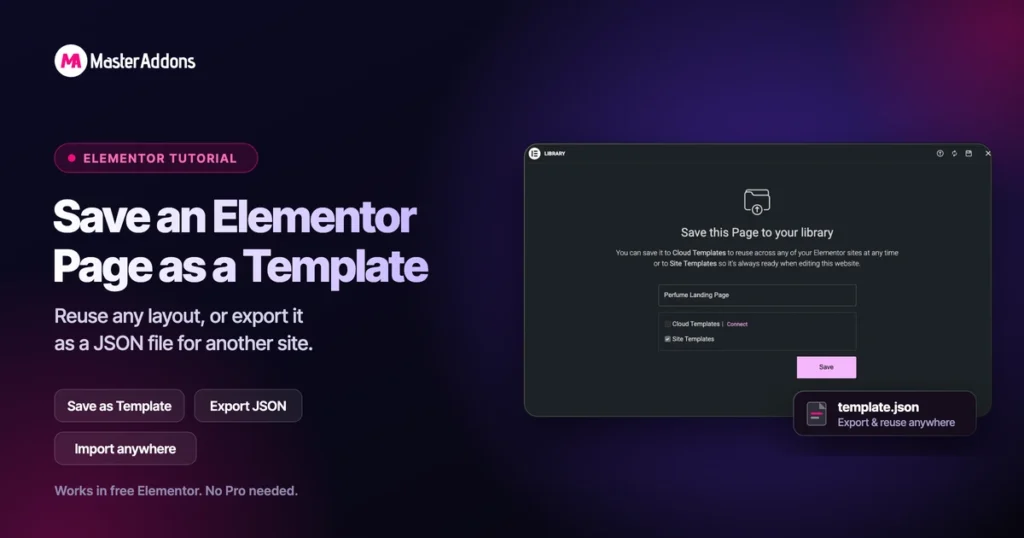 Save an Elementor page as a template and export it as a JSON file, shown with Elementor's Save this Page to your library dialog