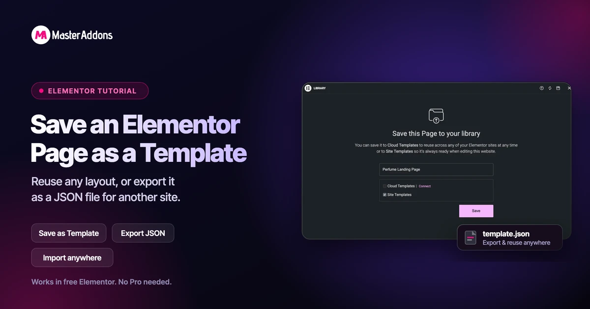 Save an Elementor page as a template and export it as a JSON file, shown with Elementor's Save this Page to your library dialog