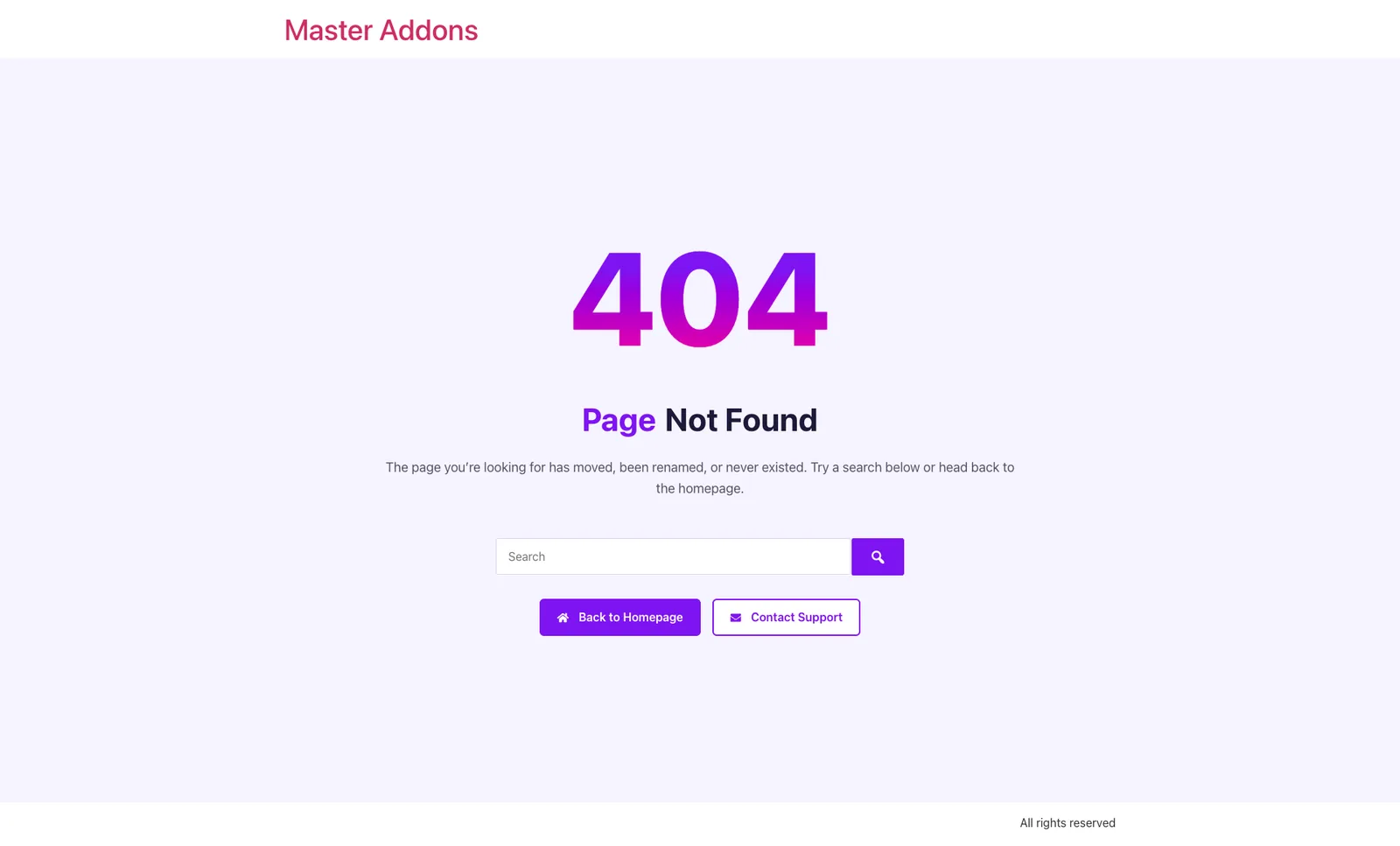 Custom 404 page built with the Master Addons Theme Builder showing a gradient 404 headline, search bar and two buttons