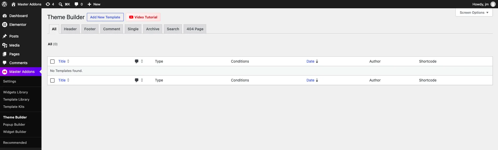 Master Addons Theme Builder screen in WordPress with the Add New Template button and the Search filter tab