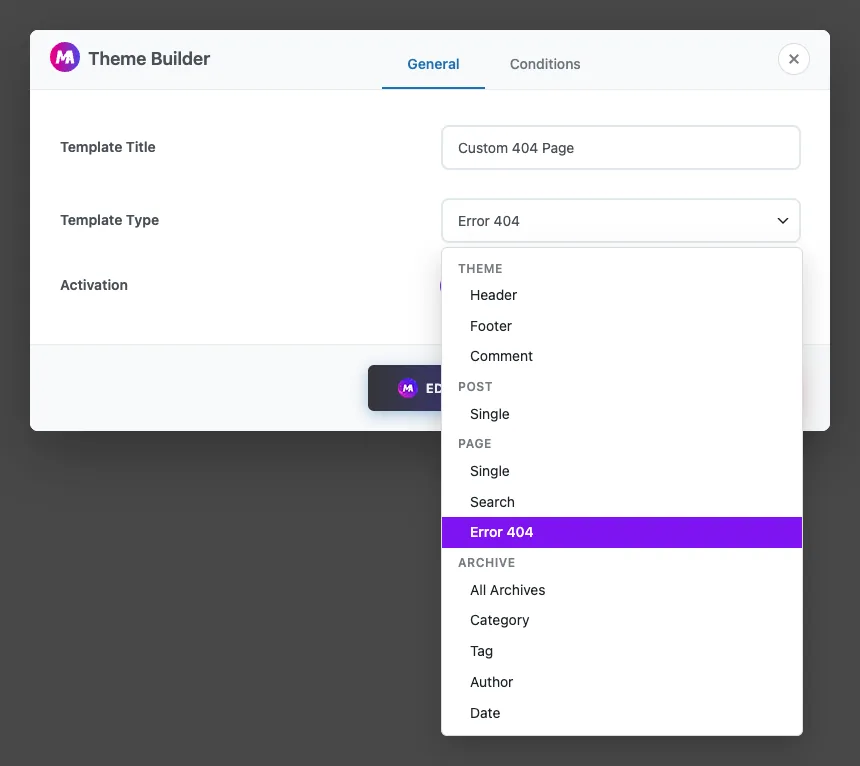 Template Type dropdown in the Master Addons Theme Builder with Error 404 selected under the Page group