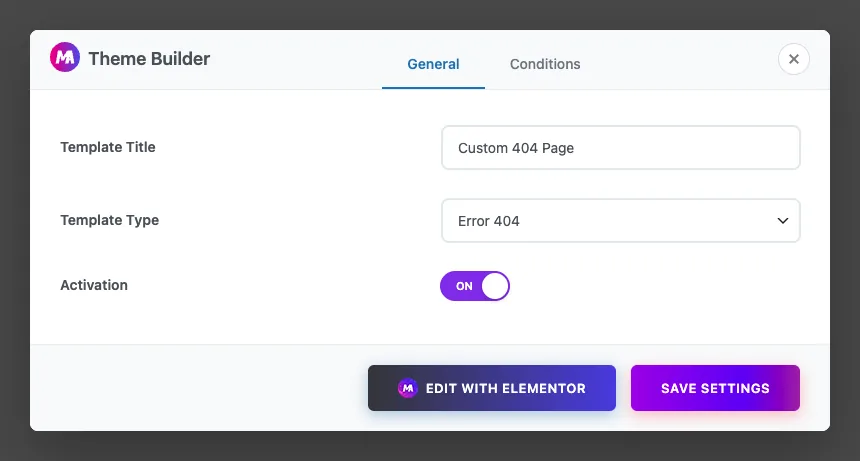 Theme Builder General tab with Template Title Custom 404 Page, Template Type Error 404 and Activation switched on