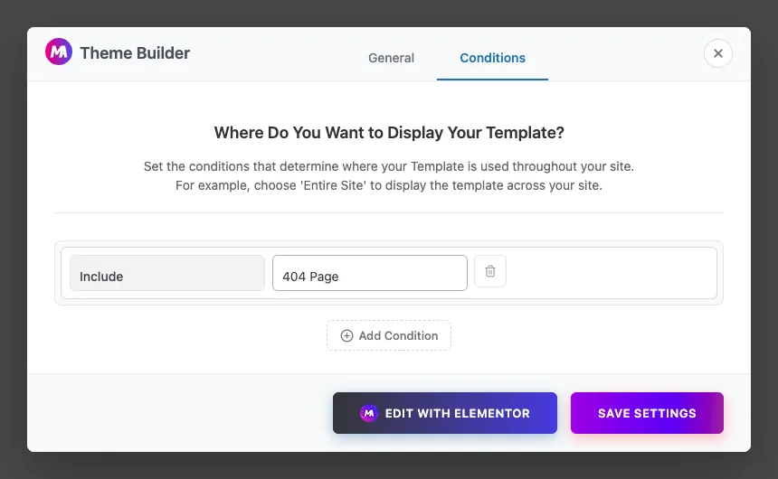 Conditions tab of the Master Addons Theme Builder with the 404 template set to Include 404 Page