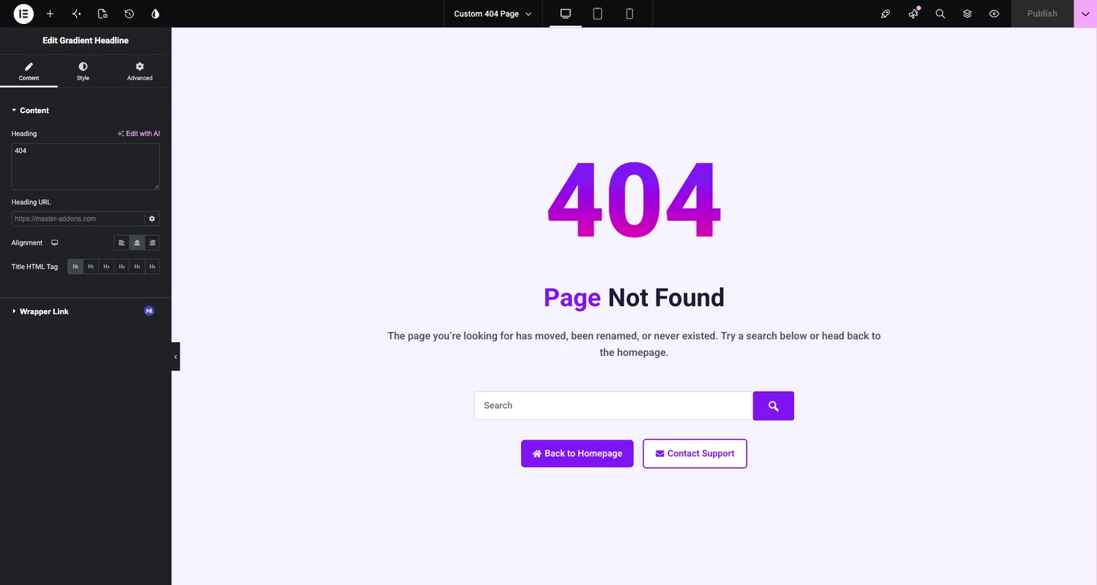 Custom 404 template open in the Elementor editor with the Master Addons Gradient Headline widget selected