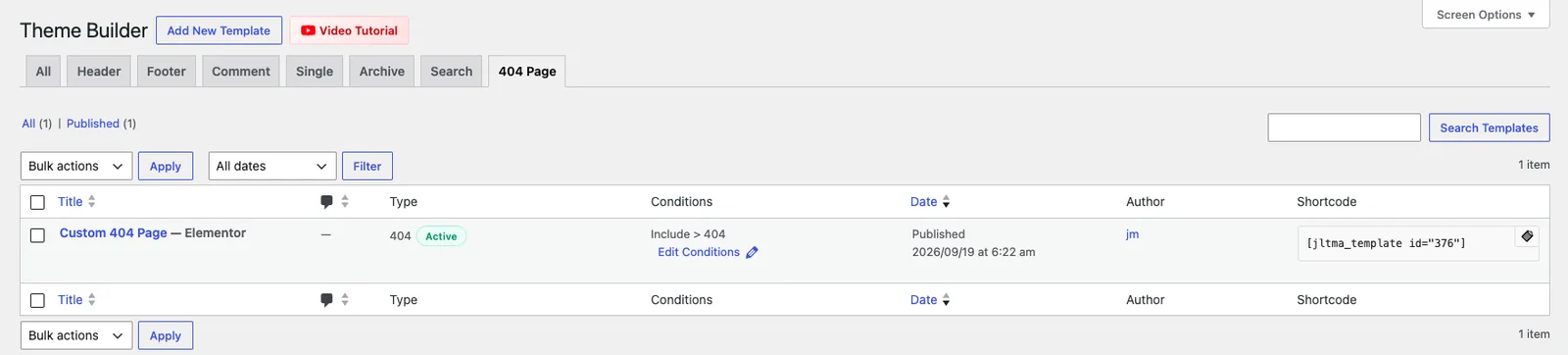 Theme Builder 404 Page tab listing the Custom 404 Page template as type 404, Active, with the condition Include 404
