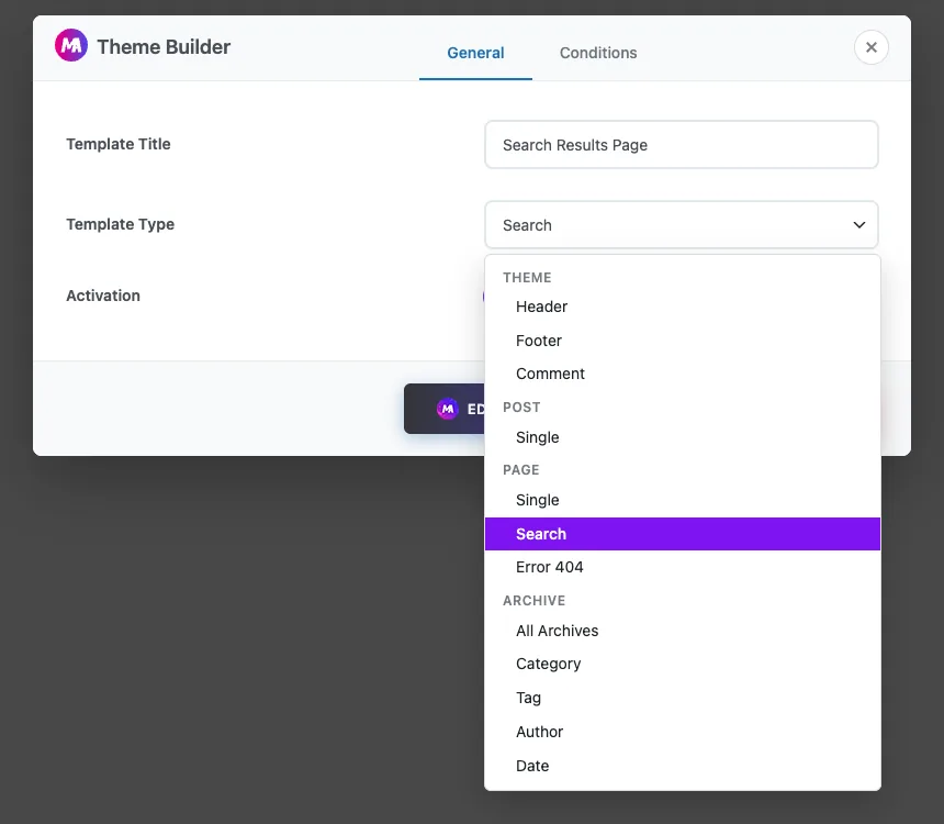 Template Type dropdown in the Master Addons Theme Builder with Search selected under the Page group