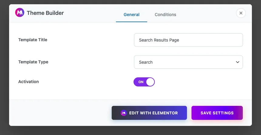 Theme Builder General tab with Template Title Search Results Page, Template Type Search and Activation switched on