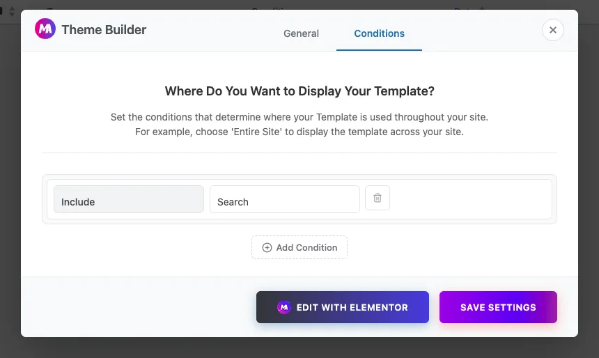Conditions tab of the Master Addons Theme Builder with the Search template set to Include Search