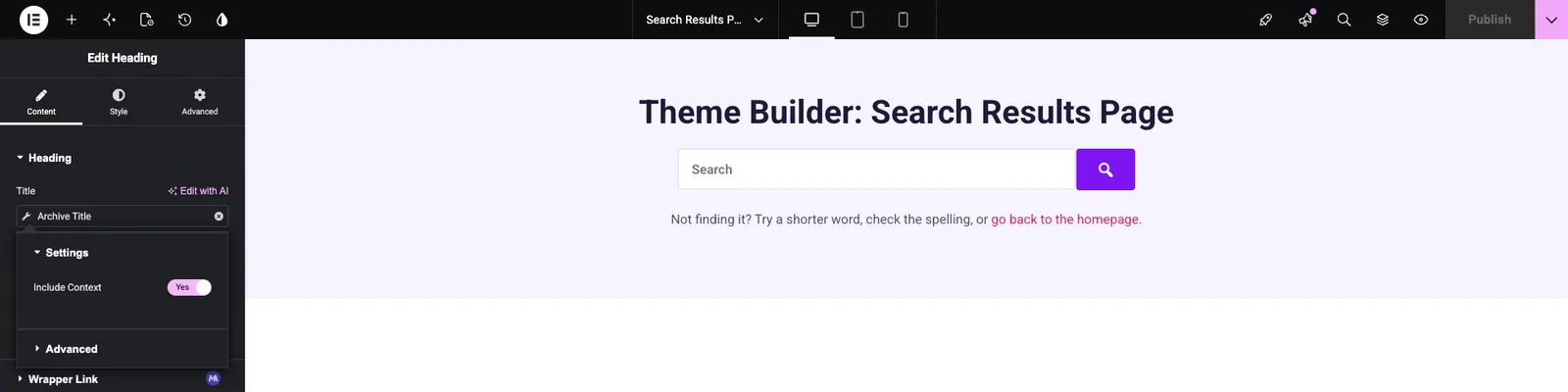Elementor Heading widget using the Master Addons Archive Title dynamic tag in a search results template
